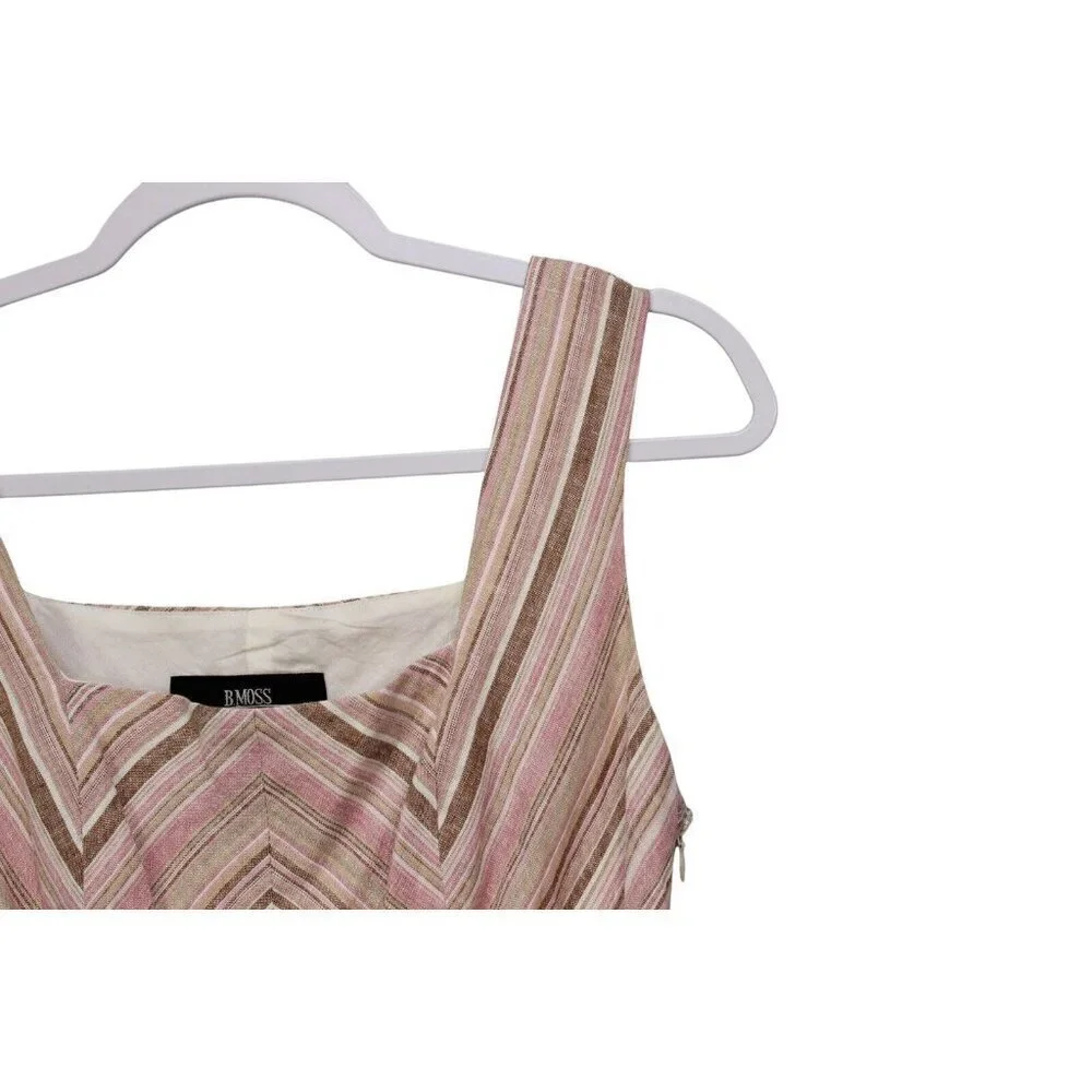 Fit & Flare Swing Midi Dress Size 4 Linen Chevron Beach Retro Boho Sundress